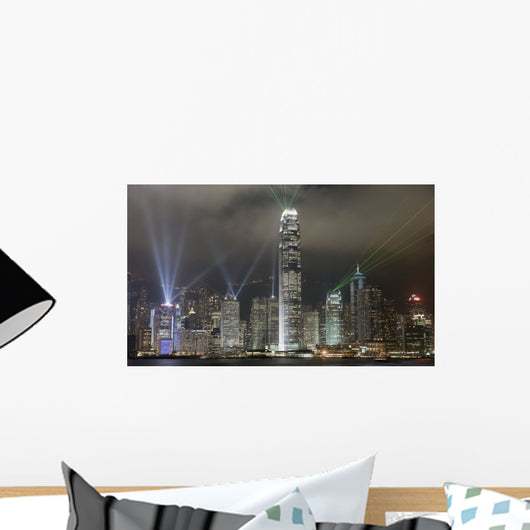 Hong Kong Light Show, At Night, Over Skyline Wall Mural