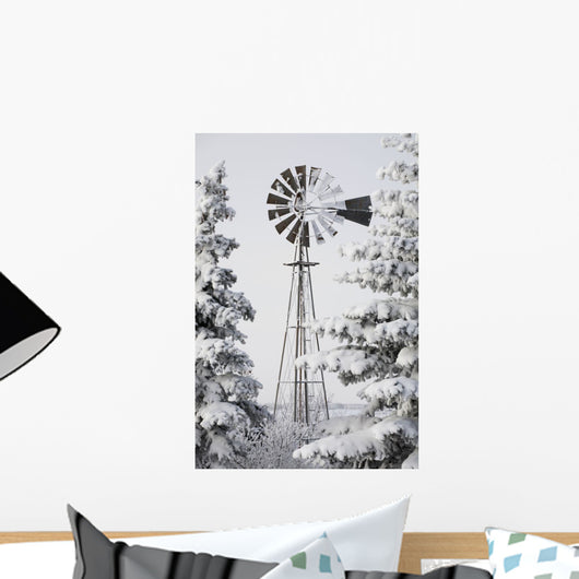 Old Windmill And Trees Covered With Snow And Frost Wall Mural
