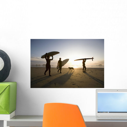 Silhouette Of Three Surfers And A Dog Wall Mural
