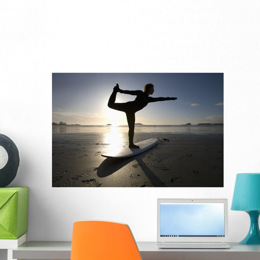 Silhouette Of Female Surfer Doing Bow Pulling Yoga Pose Wall Mural