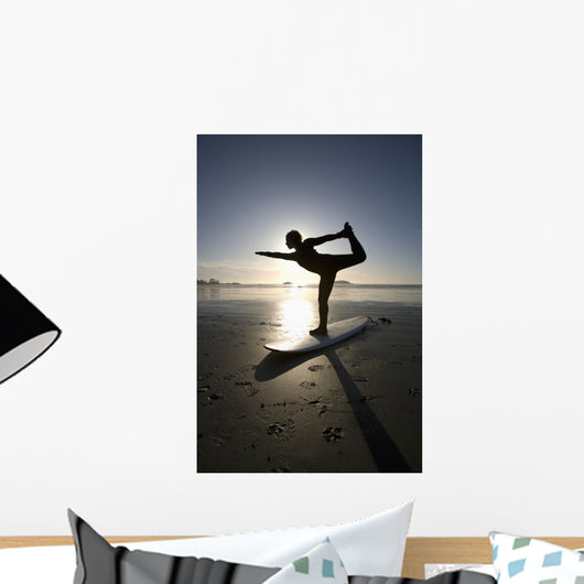 Silhouette Of Female Surfer Doing Bow Pulling Yoga Pose Wall Mural