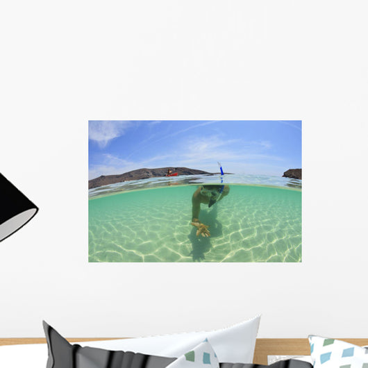A Young Man Snorkeling Underwater Holding A Starfish In His Hand Wall Mural