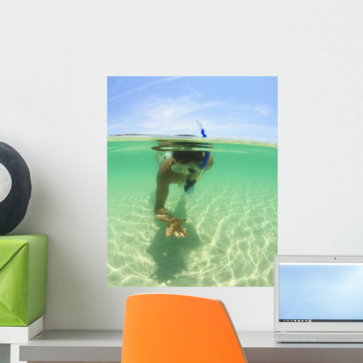 A Young Man Snorkels Holding A Starfish Underwater Wall Mural