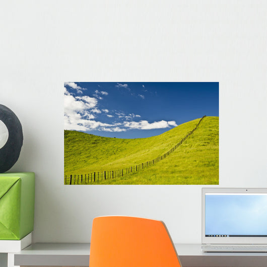 Wooden Fence Posts Running Through A Grassy Field Wall Mural