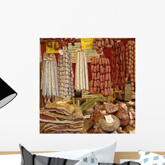 made in Italy, delicious italian sausages on tuscan market Wall Mural