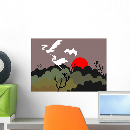 Illustration Crane Flying above Wall Mural