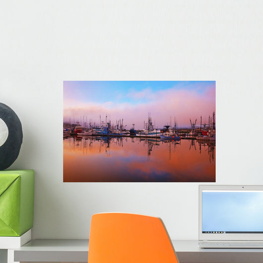 Sunrise Through The Morning Fog And Fishing Boats In Newport Harbor Wall Mural