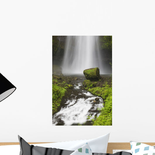Lower Section Of Multnomah Falls With Moss Covered Rock Wall Mural