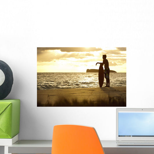 Hawaii, Maui, Makena, Skimboarder Silhouette At Sunset Wall Mural