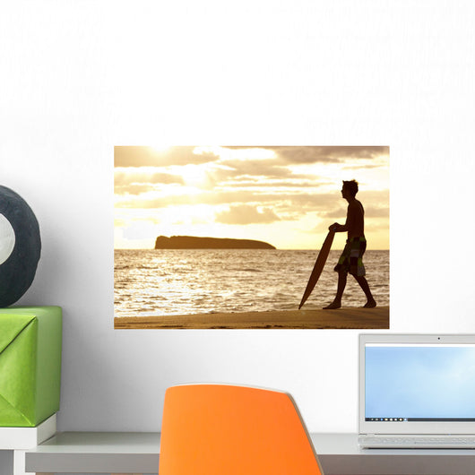 Hawaii, Maui, Makena, Skimboarder Silhouette At Sunset Wall Mural