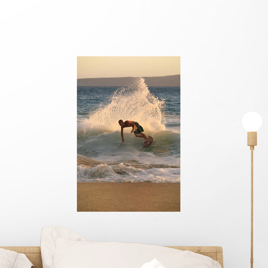 Hawaii, Maui, Makena, Skimboarder Carves Big Turn On Wave At Sunset Wall Mural