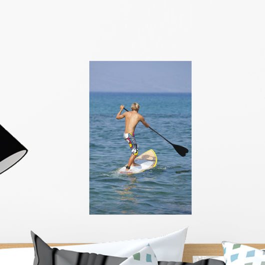 Hawaii, Maui, Makena, Athletic Stand Up Paddle Surfer In Ocean Wall Mural