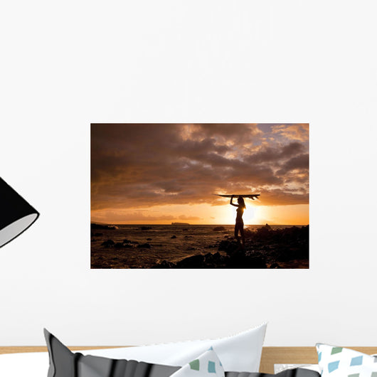 Hawaii, Maui, Makena, Silhouette Of Surfer Girl At Sunset Wall Mural