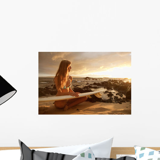 Hawaii, Maui, Makena, Surfer Girl Sitting On Sand At Sunset Wall Mural