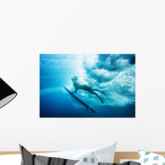 Indonesia, Bali, Surfer Duck Dives Under Wave, View From Underwater Wall Mural