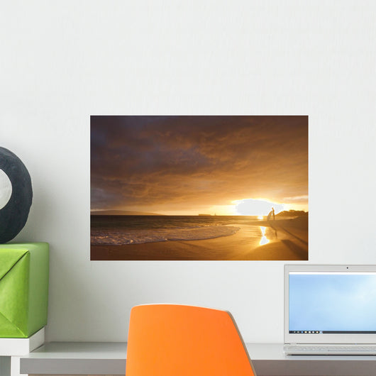 Hawaii, Maui, Makena, Skimboarder Silhouette At Sunset Wall Mural