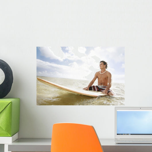 Hawaii, Oahu, Young Man Sitting On His Surfboard At The Shoreline Wall Mural