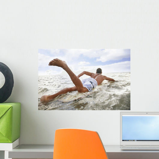 Hawaii, Oahu, Young Man Paddling On His Surfboard In The Water Wall Mural