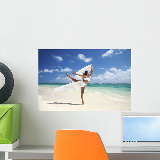 Beautiful Female Ballet Dancer On Beach With White Flowing Fabric Wall Mural
