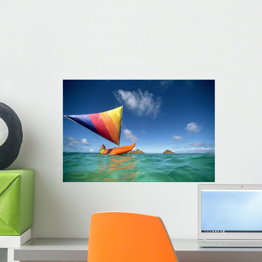 Hawaii, Oahu, Lanikai, Man In Colorful Sailing Canoe Wall Mural