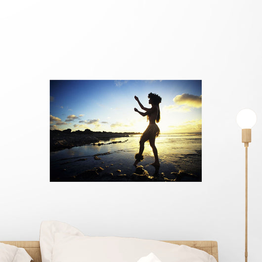 Hawaii, Female Hula Dancer On Beach, Silhouetted By Sunset Wall Mural