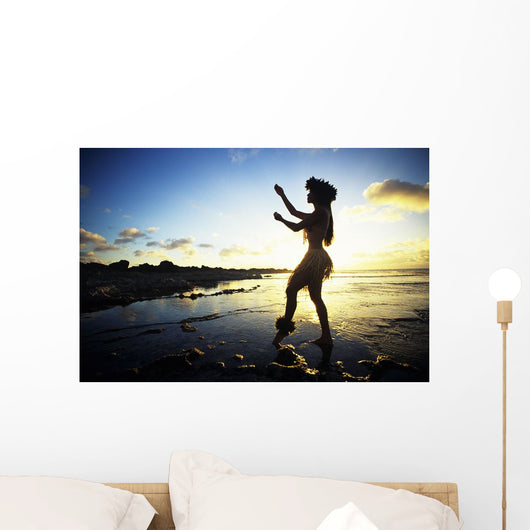 Hawaii, Female Hula Dancer On Beach, Silhouetted By Sunset Wall Mural