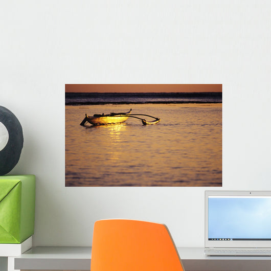 Hawaii, Outrigger Canoe In Ocean At Sunset, Dramatic Reflections Wall Mural