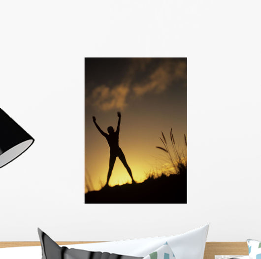 Hawaii, Silhouette Of A Woman Stretching On A Mountain Top At Sunset Wall Mural