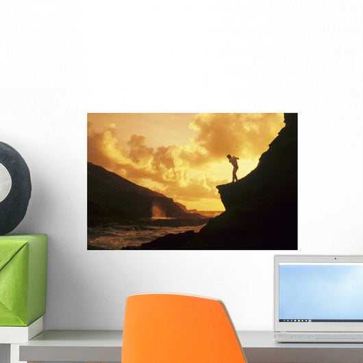 Hawaii, Golfer Standing On A Cliff And Swinging A Golf Club Wall Mural