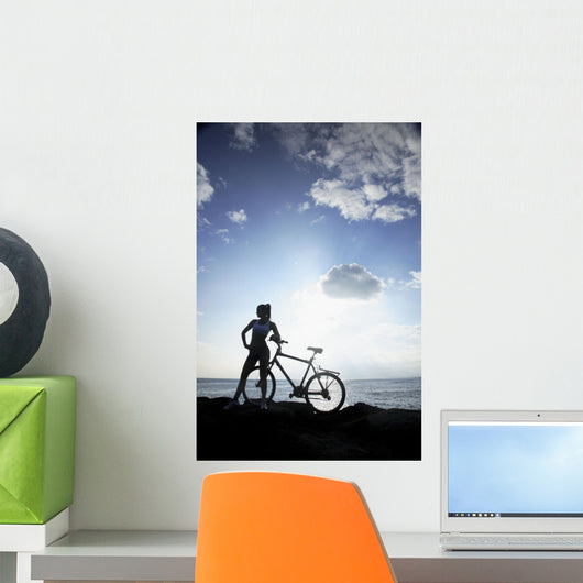 Hawaii, Oahu, Silhouette Of A Woman With A Bike On A Rocky Coastline Wall Mural