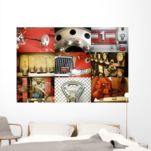 Hawaii, Collage Of A Red Firetruck And All Its Components Wall Mural