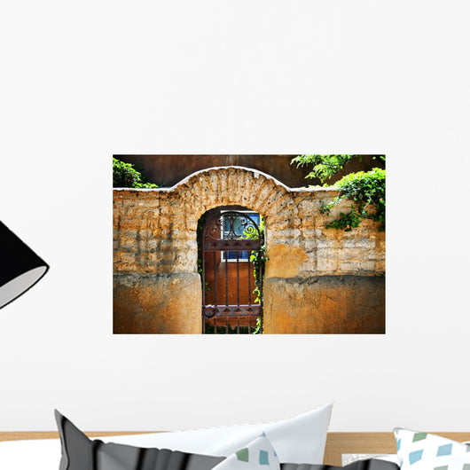 New Mexican Doors, New Mexico, Details Of Old Stone Doorway And Garden Wall Mural