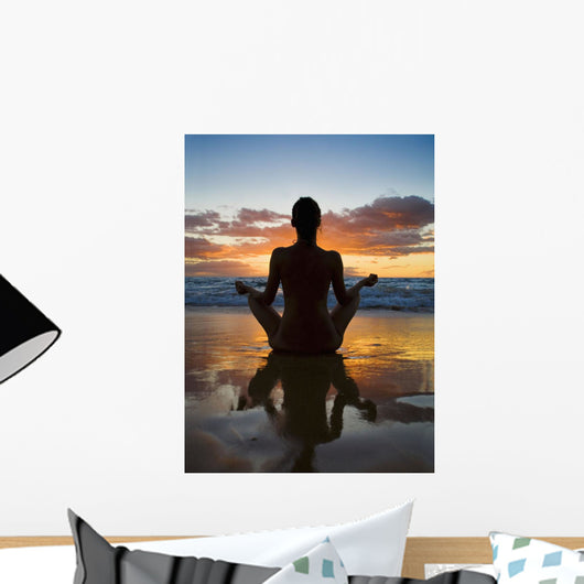 Hawaii, Maui, Silhouette Of Beautiful Girl Doing Yoga On The Beach Wall Mural