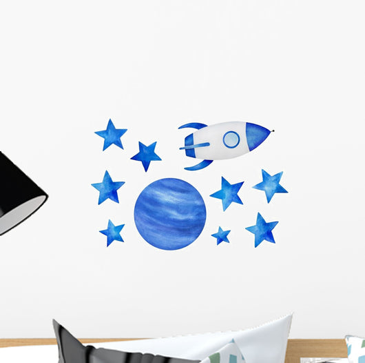 Blue Stars Cosmic Spaceship Wall Decal Sticker Set