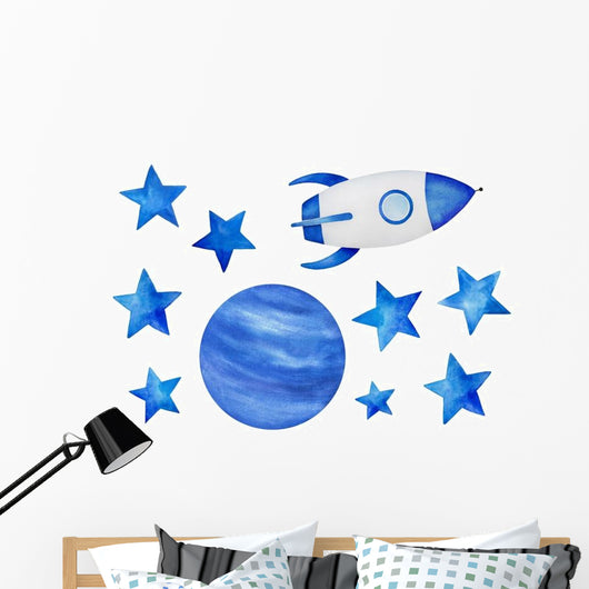 Blue Stars Cosmic Spaceship Wall Decal Sticker Set
