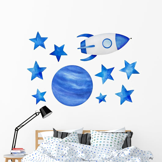 Blue Stars Cosmic Spaceship Wall Decal Sticker Set