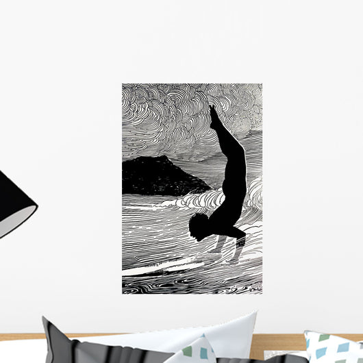 Figure Of Man Doing Hand Stand On Surfboard Wall Mural