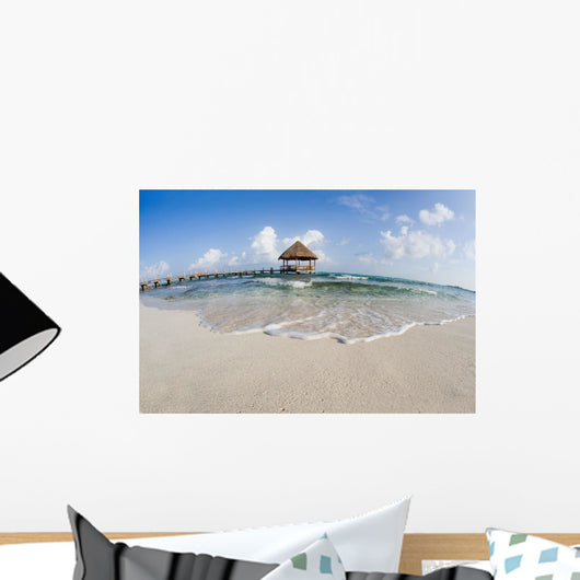 Mexico, Yucatan Peninsula, Tulum, Pier Over Turquoise Ocean Wall Mural