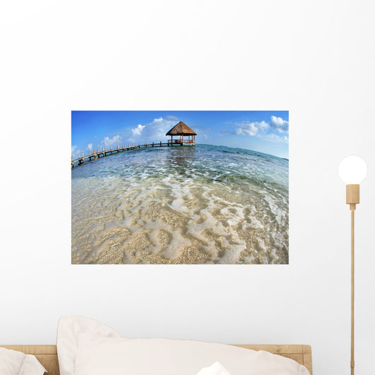 Mexico, Yucatan Peninsula, Tulum, Pier Over Turquoise Ocean Wall Mural