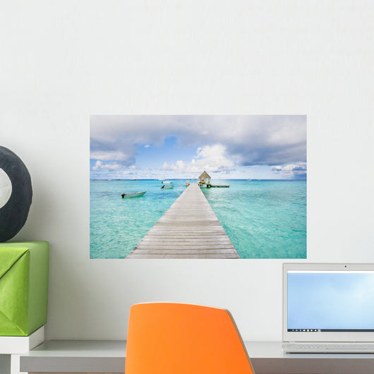 French Polynesia, Tuamotu Isalnds, Rangiroa Atoll, Pier On The Ocean Wall Mural