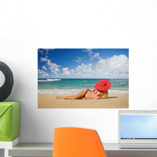 Hawaii, Woman Sitting On The Beach At A Remote Tropical Location Wall Mural