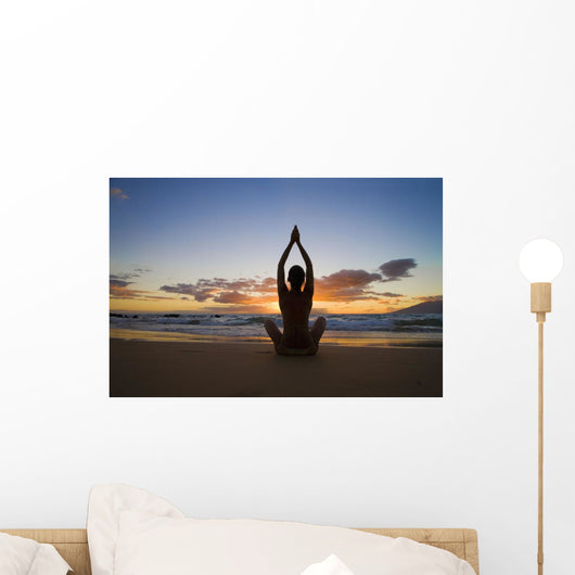 Hawaii, Maui, Silhouette Of Beautiful Girl Doing Yoga On The Beach Wall Mural