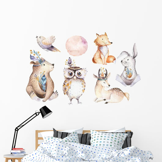 Watercolor Bohemian Baby Animals Wall Decal Sticker Set