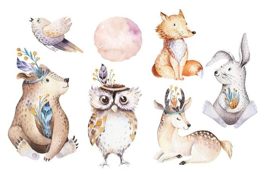Watercolor Bohemian Baby Animals Wall Decal Sticker Set