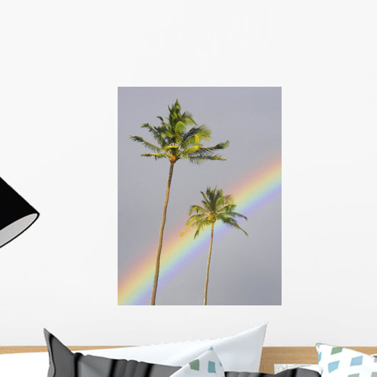 Hawaii, Maui, Rainbow Cuts Across Gray Sky Behind Two Palm Trees Wall Mural