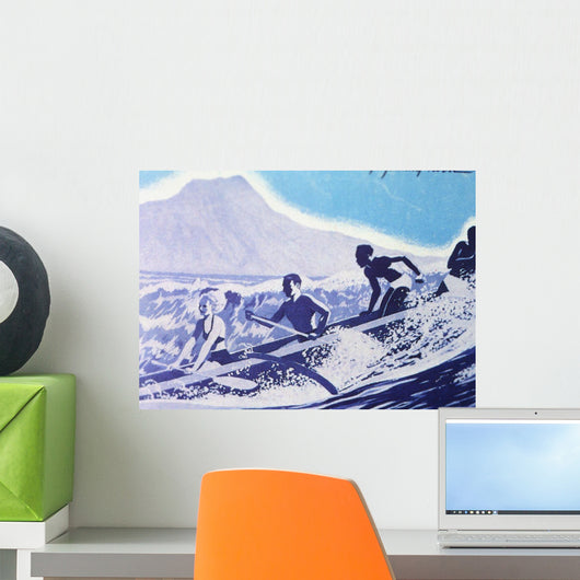 C1940, Outrigger Canoe Surfing Wave With Tourists And Diamond Head Wall Mural
