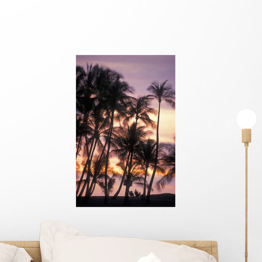 Palm trees and a couple in beach chairs at sunset at Anaehoomalu Bay Wall Mural