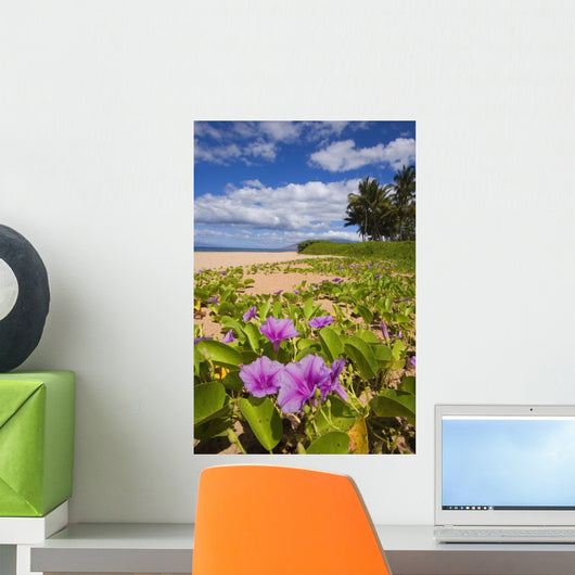 Green leafy vines with pink flowers on Keawakapu Beach Wall Mural