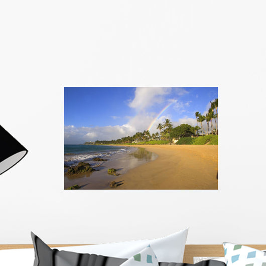 USA, Hawaii, Maui, Rainbow over palm trees and Keawakapu Beach Wall Mural