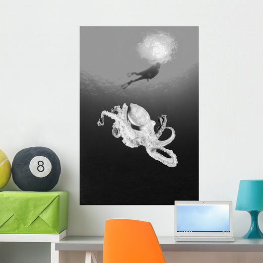 Hawaii, Lanai, Octopus In Ocean Water, Diver In Background Wall Mural
